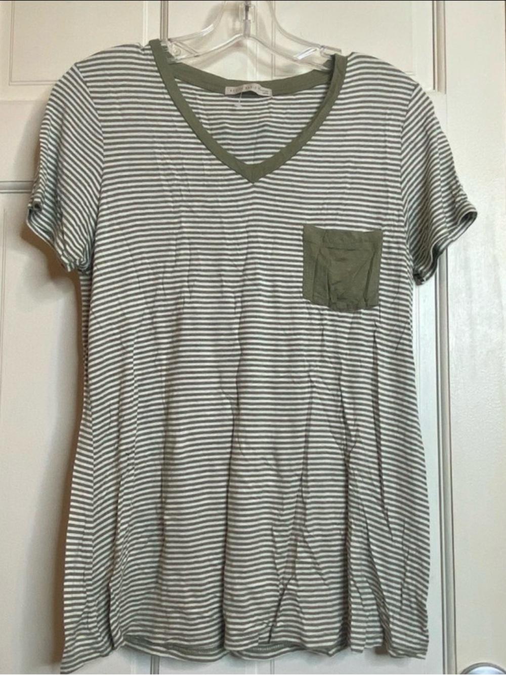 Active Basic Olive & White Striped V-Neck Tee